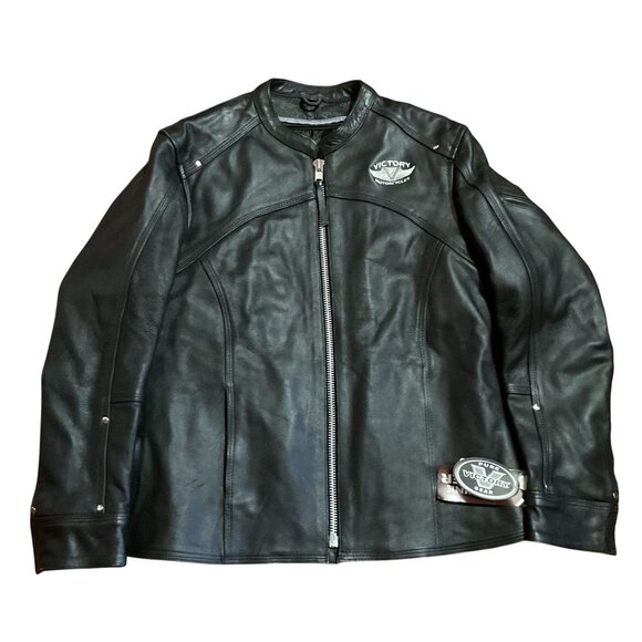 NWT Victory Motorcycles Black Leather Motorcycle Jacket Size L Flight Jacket - Picture 1 of 10